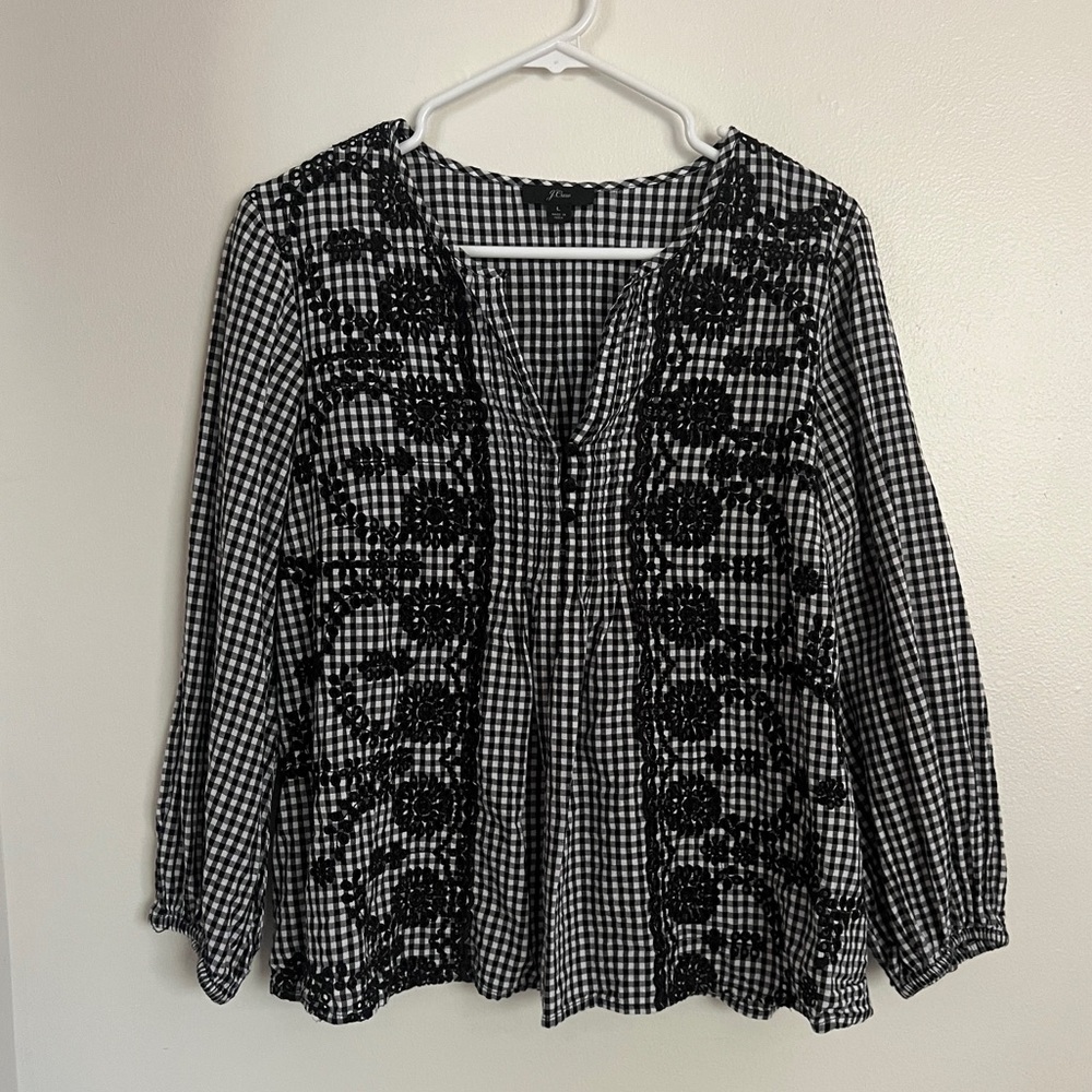 J. Crew Black and White Gingham Blouse
